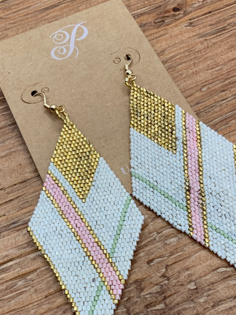 Plunder Design Frida Diagonal Stripes Gold White Pastel Beaded Dangle Earrings